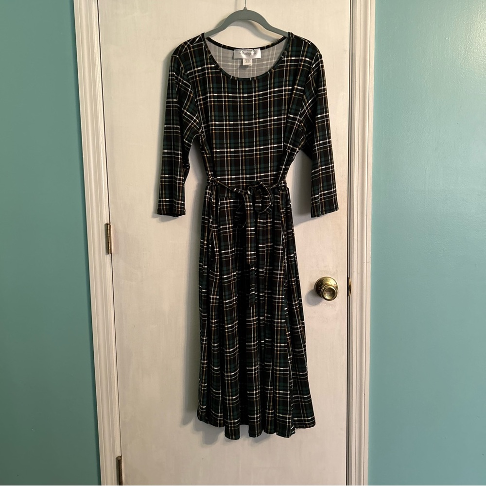 NWOT Green Plaid Knit Belted Midi Dress With Pockets, 3/4 Sleeves, Size XL